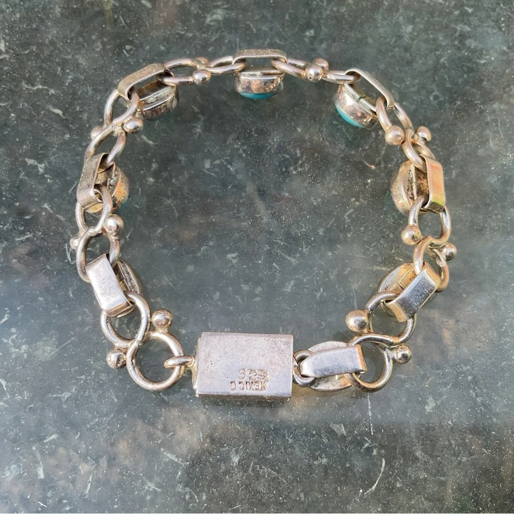 Gorgeous Mexican 925 Sterling Silver Turquoise Oval Link Chain Bracelet 7.5in - Picture 9 of 9